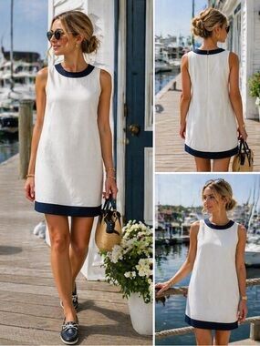 Vineyard Vines White Sleeveless Shift Dress with Navy Trim